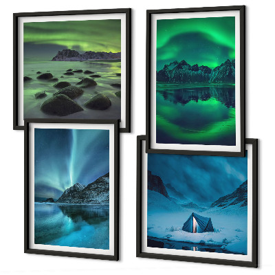 Composizione di 4 quadri Paesaggio invernale con aurora boreale