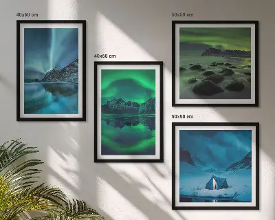 Paesaggio invernale con aurora boreale composizione di 4 quadri
