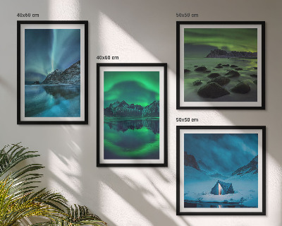 Composizione di 4 quadri Paesaggio invernale con aurora boreale