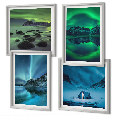 Composizione di 4 quadri Paesaggio invernale con aurora boreale