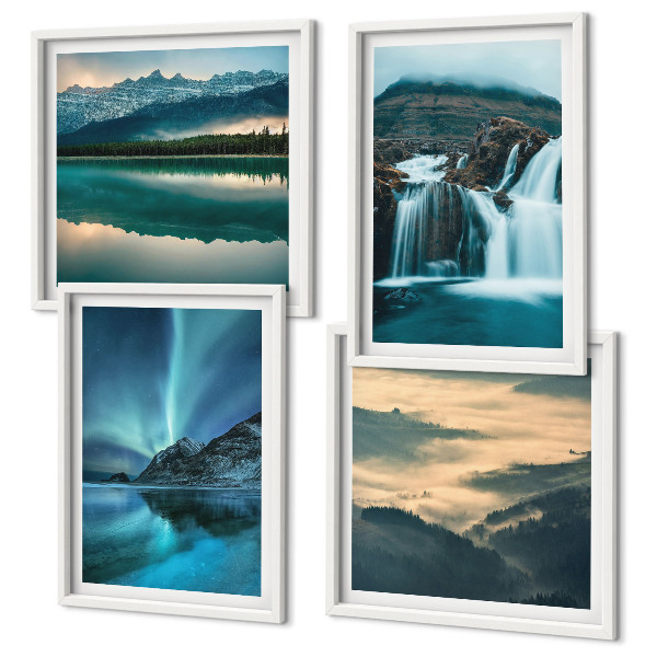 Composizione di 4 quadri paesaggi invernali cascate aurora boreale