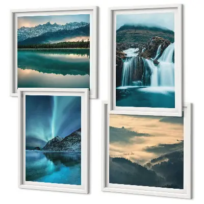 Composizione di 4 quadri con paesaggi invernali, cascate e aurora boreale