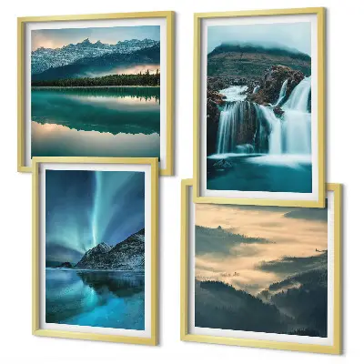 Composizione di 4 quadri con paesaggi invernali, cascate e aurora boreale