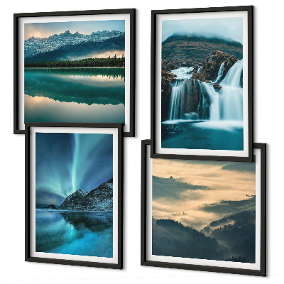 Composizione di 4 quadri paesaggi invernali cascate aurora boreale