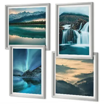 Composizione di 4 quadri con paesaggi invernali, cascate e aurora boreale