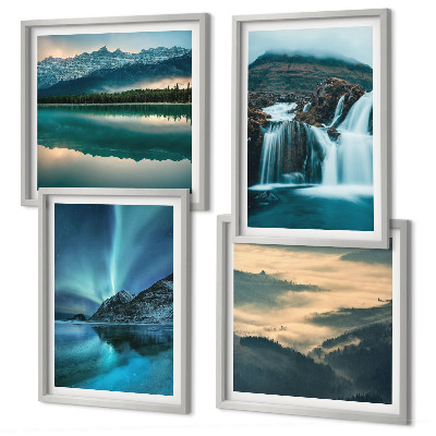 Composizione di 4 quadri paesaggi invernali cascate aurora boreale