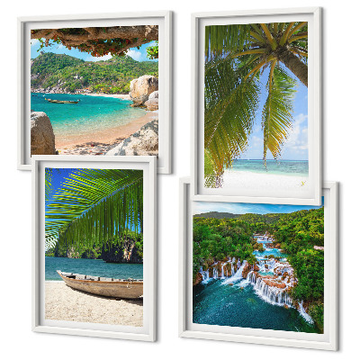 Polittico con cornice Spiaggia, barca, cascate, palme