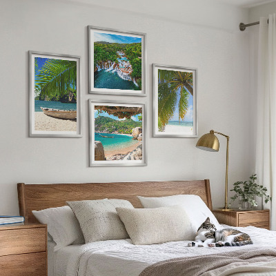 Polittico con cornice Spiaggia, barca, cascate, palme