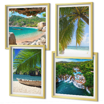 Polittico con cornice Spiaggia, barca, cascate, palme