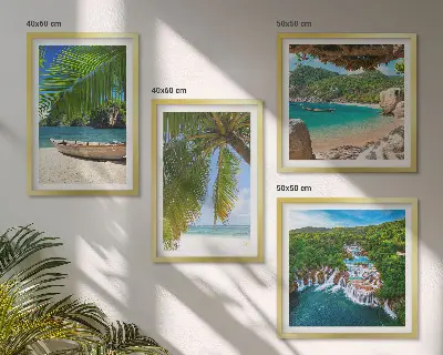 Polittico con cornice con raffigurazione di spiaggia, barca, cascate e palme