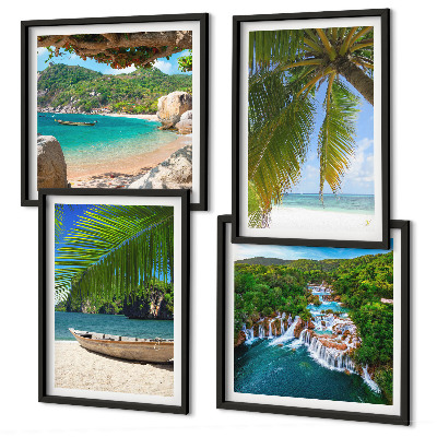 Polittico con cornice Spiaggia, barca, cascate, palme