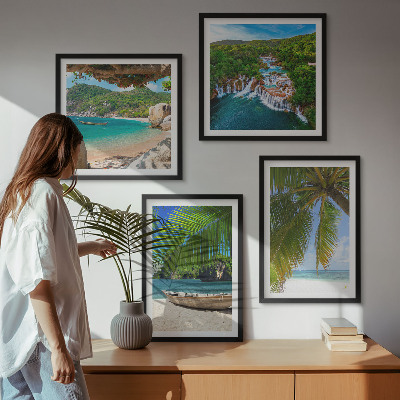 Polittico con cornice Spiaggia, barca, cascate, palme