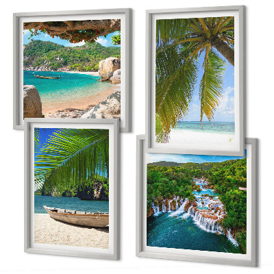 Polittico con cornice Spiaggia, barca, cascate, palme