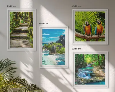 Composizione di 4 quadri c'è una cascata con un pappagallo della foresta tropicale