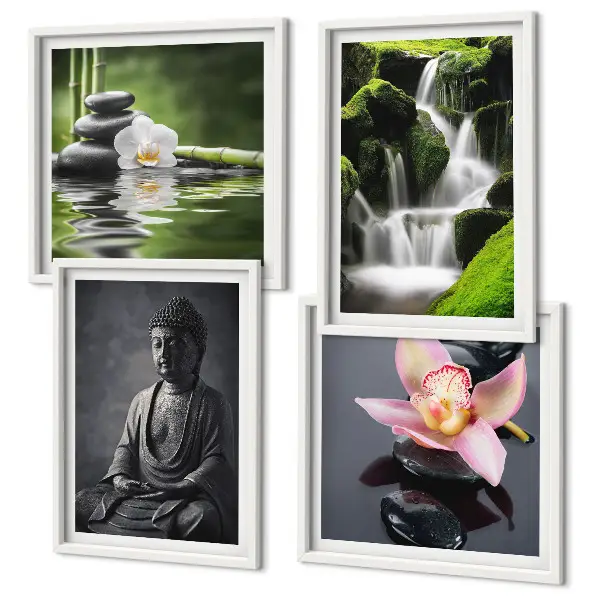 Polittico con cornice raffigurante dipinti Zen, pietre d'acqua e Buddha quadro in più parti con stampa artistica
