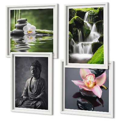 Polittico con cornice Dipinti Zen, pietre d'acqua, Buddha