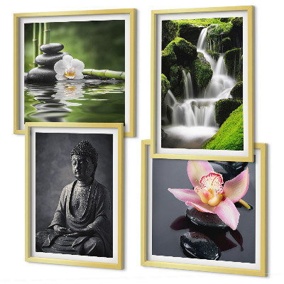 Polittico con cornice Dipinti Zen, pietre d'acqua, Buddha