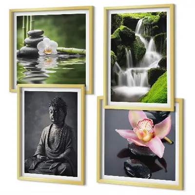 Polittico con cornice raffigurante dipinti Zen, pietre d'acqua e Buddha quadro in più parti con stampa artistica