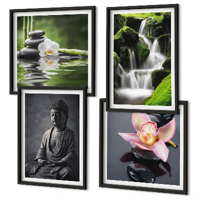 Polittico con cornice Dipinti Zen, pietre d'acqua, Buddha