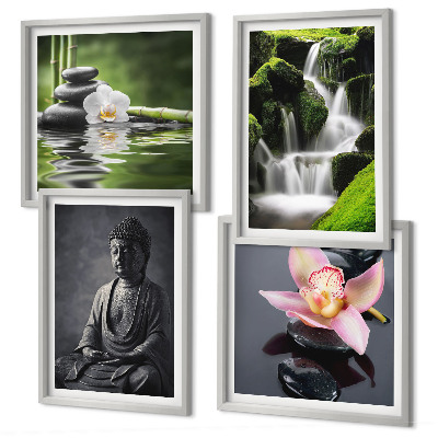 Polittico con cornice Dipinti Zen, pietre d'acqua, Buddha