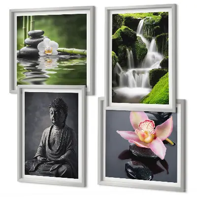 Polittico con cornice raffigurante dipinti Zen, pietre d'acqua e Buddha quadro in più parti con stampa artistica