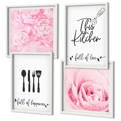 Composizione di 4 quadri con motivo di fiori di rosa in cucina delicata
