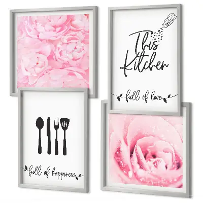 Composizione di 4 quadri con motivo di fiori di rosa in cucina delicata
