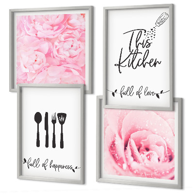Composizione di 4 quadri Cucina delicata fiori di rosa