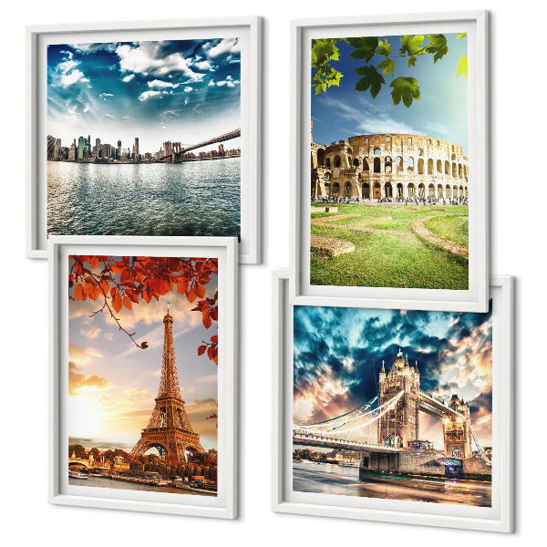 Composizione di 4 quadri Monumenti d'Europa dai colori caldi