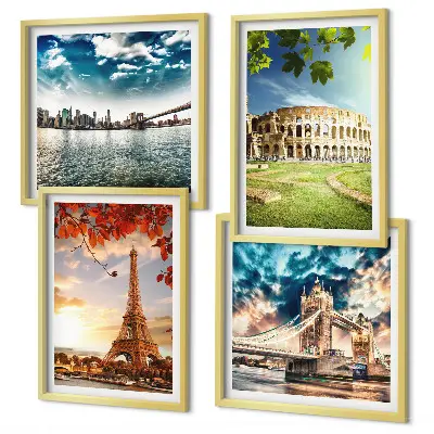 Composizione di 4 quadri con monumenti d'Europa dai colori caldi