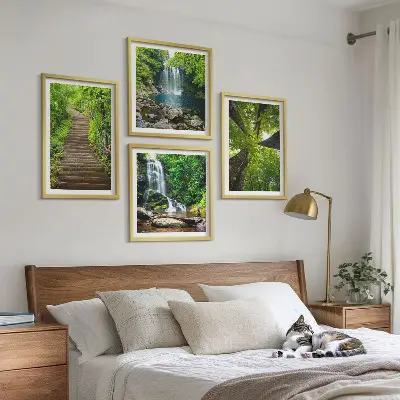 Galleria a parete con sentiero forestale, cascata e vegetazione