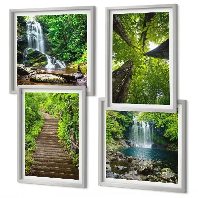 Galleria a parete con sentiero forestale, cascata e vegetazione