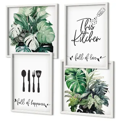 Galleria a parete con motivi di utensili da cucina e foglie