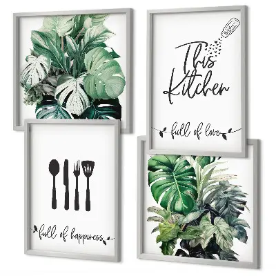 Galleria a parete con motivi di utensili da cucina e foglie