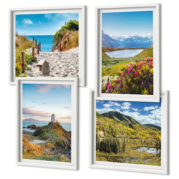 Set di 4 quadri con spiaggia, faro, montagne, prati e fiori