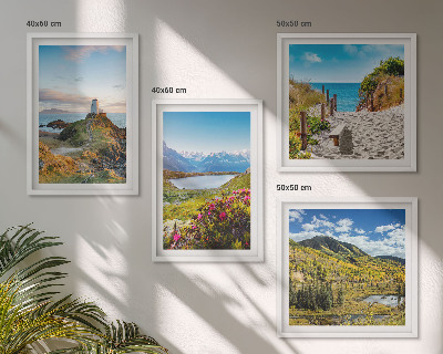 Composizione di 4 quadri Spiaggia, faro, montagne, prati, fiori