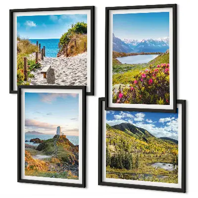 Set di 4 quadri con spiaggia, faro, montagne, prati e fiori