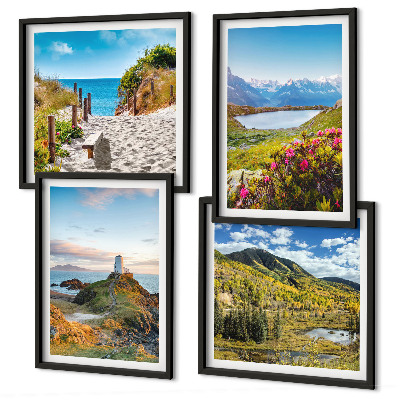 Composizione di 4 quadri Spiaggia, faro, montagne, prati, fiori