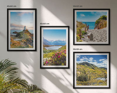 Composizione di 4 quadri Spiaggia, faro, montagne, prati, fiori