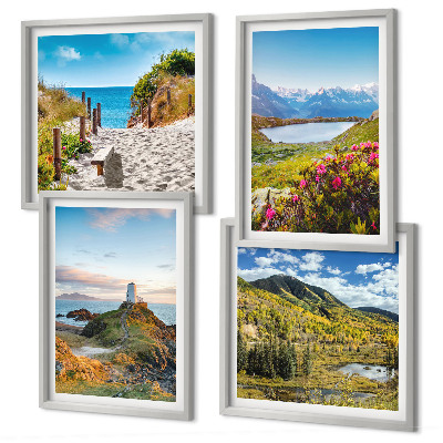 Composizione di 4 quadri Spiaggia, faro, montagne, prati, fiori