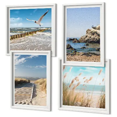 Polittico con cornice con stampa di spiaggia con sentiero in legno e scogliere