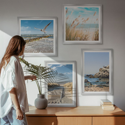 Polittico con cornice Spiaggia sentiero in legno scogliere