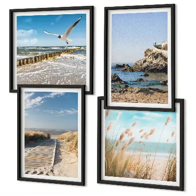 Polittico con cornice con stampa di spiaggia con sentiero in legno e scogliere