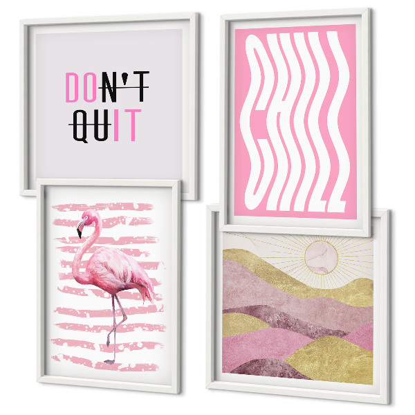 Polittico con cornice paesaggio montano dai colori pastello con fenicotteri rosa