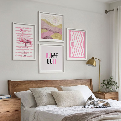 Polittico con cornice paesaggio montano dai colori pastello con fenicotteri rosa