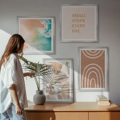 Composizione di 4 quadri con scritta a tema foglie boho delicate