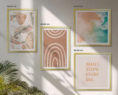 Composizione di 4 quadri con scritta a tema foglie boho delicate