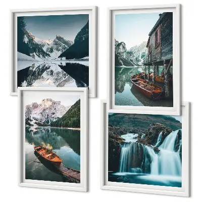 Composizione di 4 quadri laghi di montagna con riflessi sulle barche