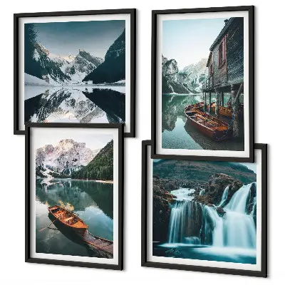 Composizione di 4 quadri laghi di montagna con riflessi sulle barche
