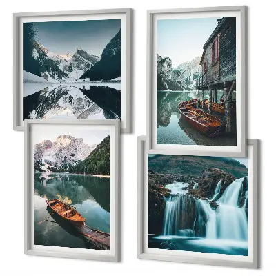 Composizione di 4 quadri laghi di montagna con riflessi sulle barche